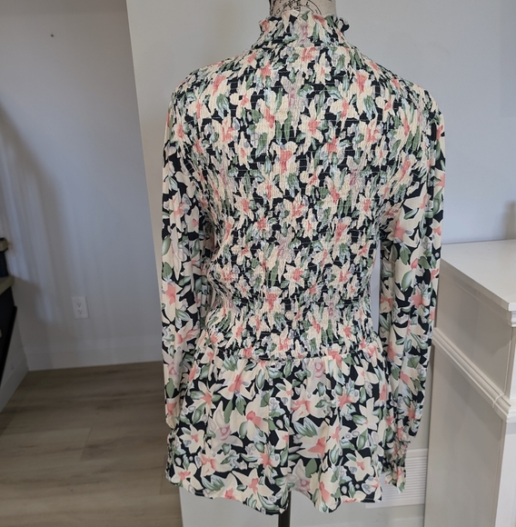 FASHION | Women's Multicolor Smocked Floral Mock Neck Long Sleeved Top - Picture 8 of 8